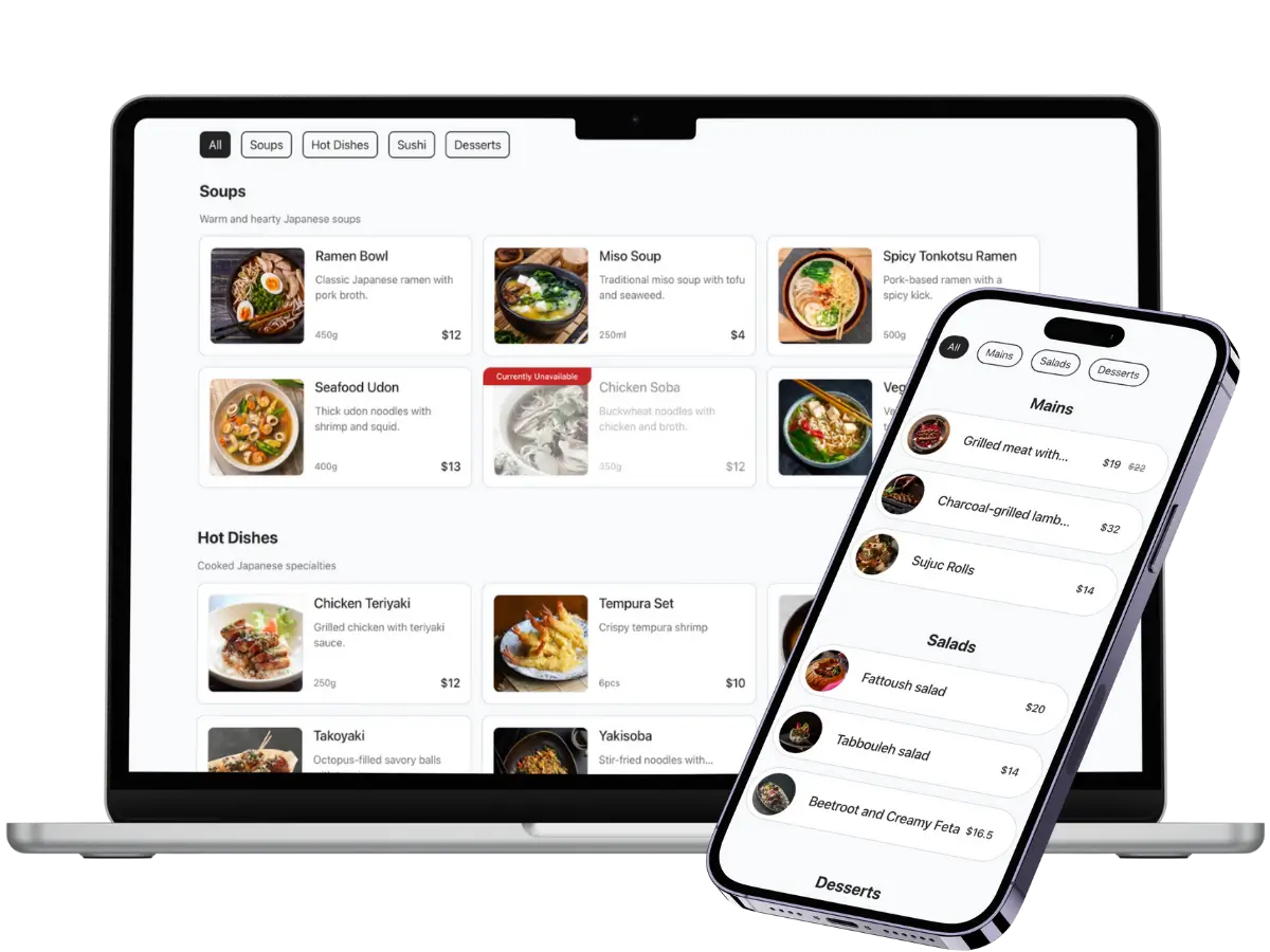 Digital Food Menu for Restaurants on Laptop and Mobile Devices