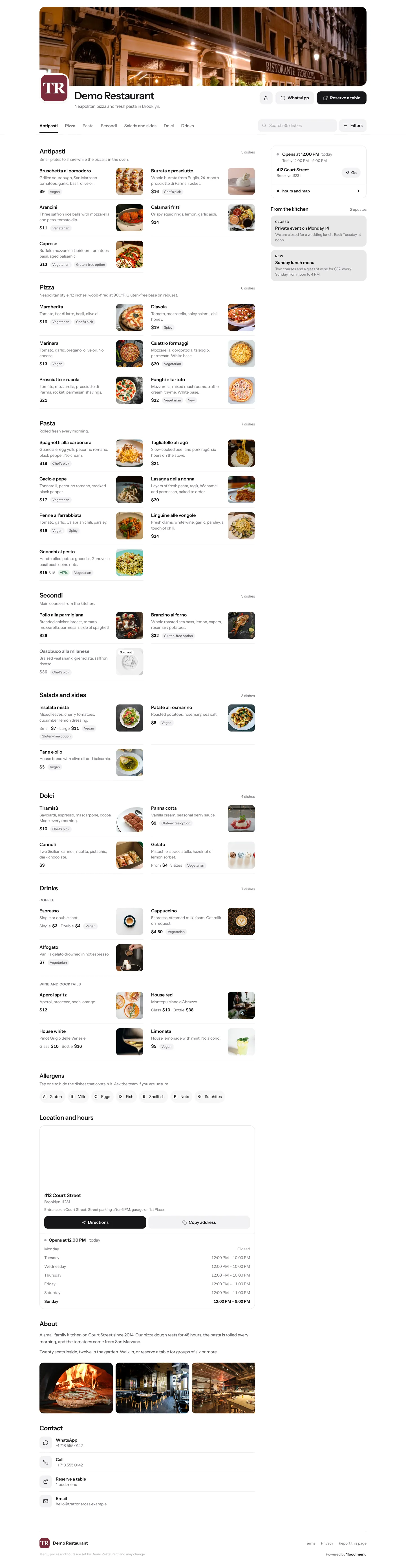 The Demo Restaurant page on a computer