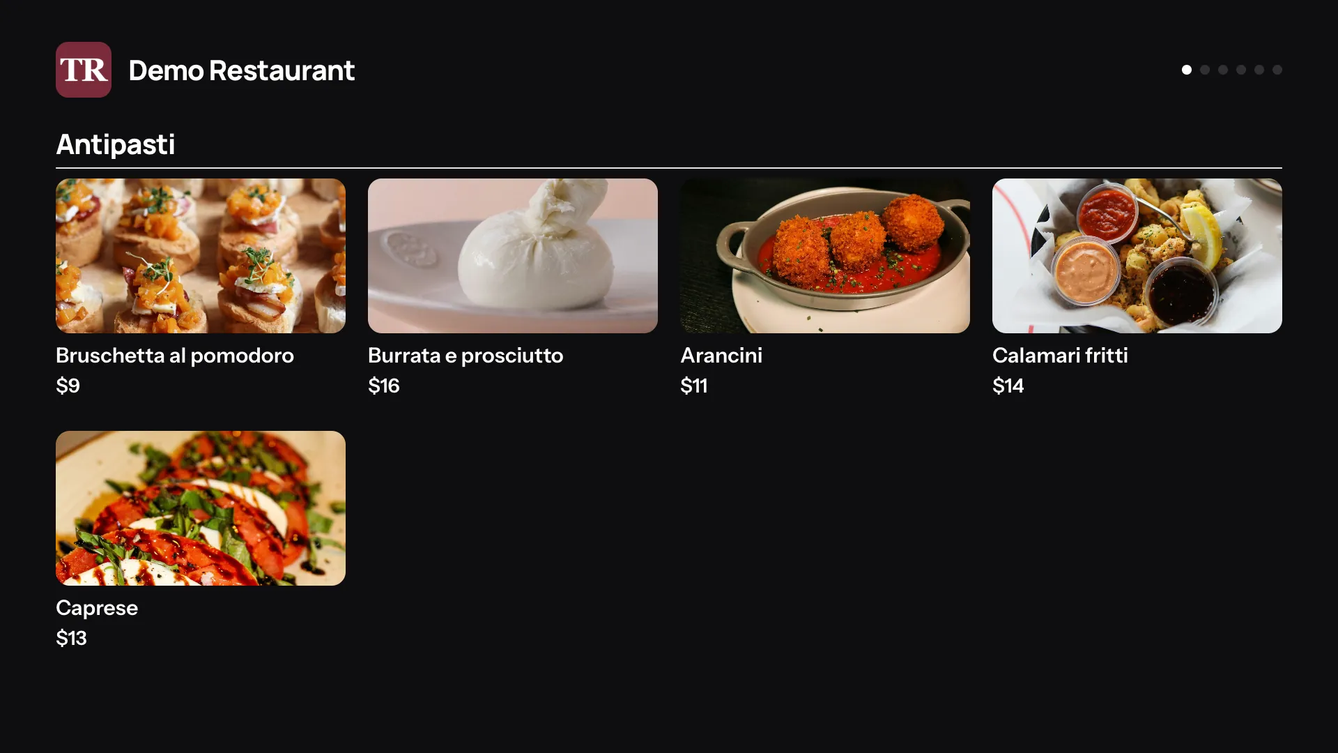 The Demo Restaurant menu on a TV in the Photo grid design