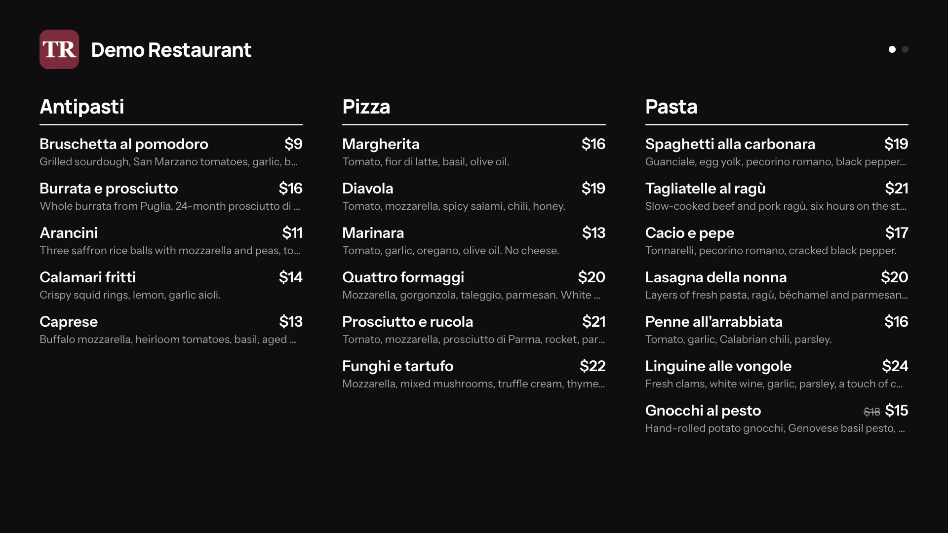 The Demo Restaurant menu on a TV in the Menu board design