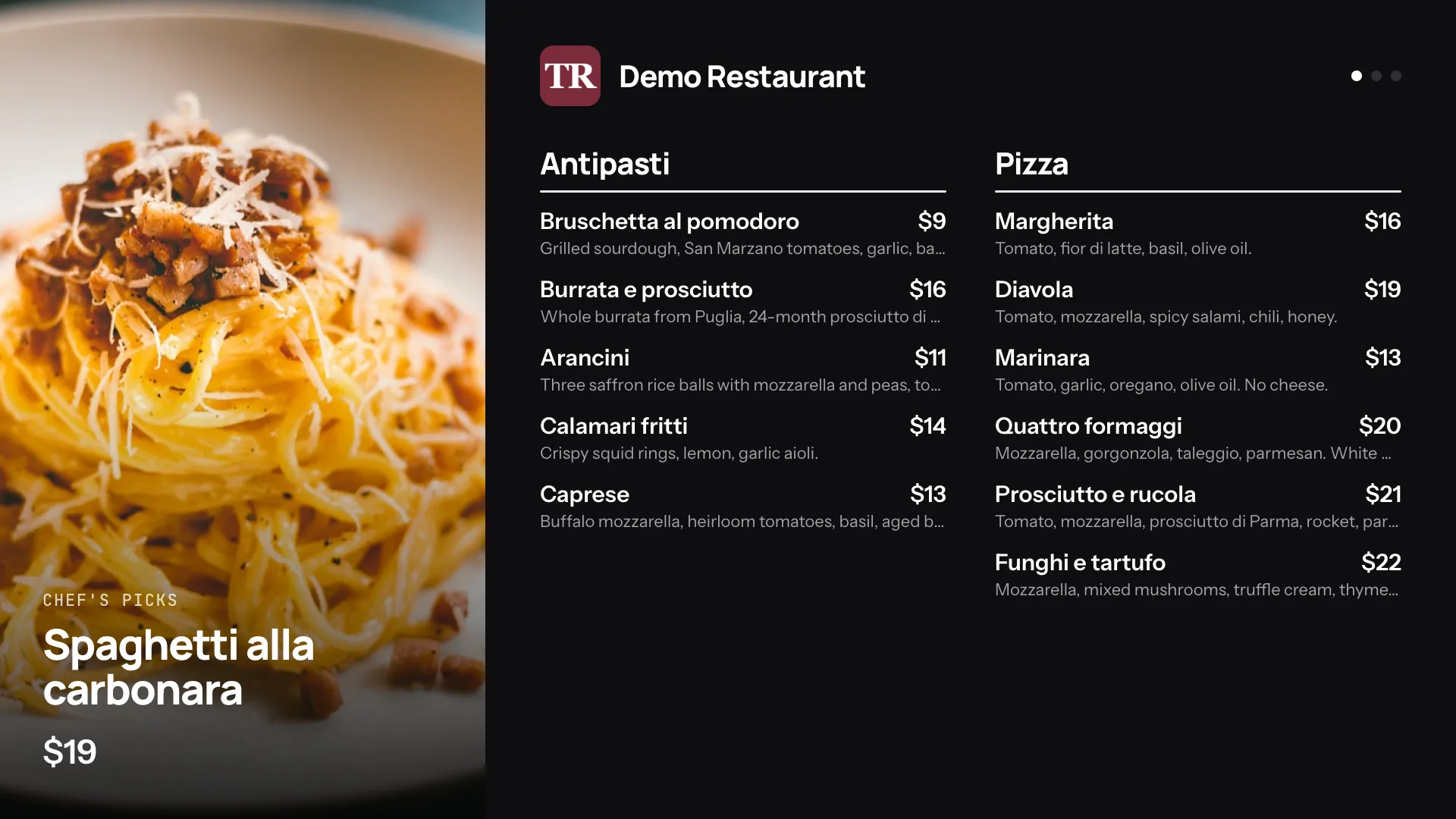 The Demo Restaurant menu on a TV in the Spotlight design