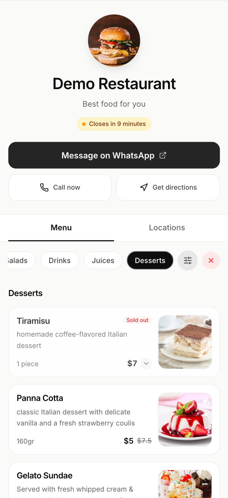 A restaurant's live 1food.menu page with WhatsApp, call, and directions buttons